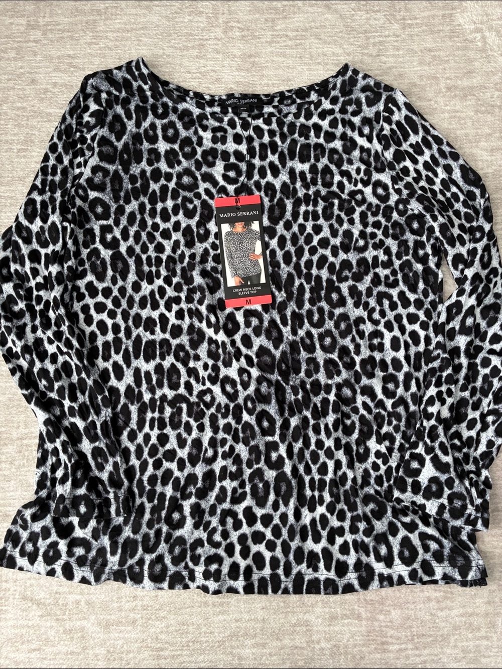 Mario Serrani Black and Gray Leopard-Print Long Sleeve Top